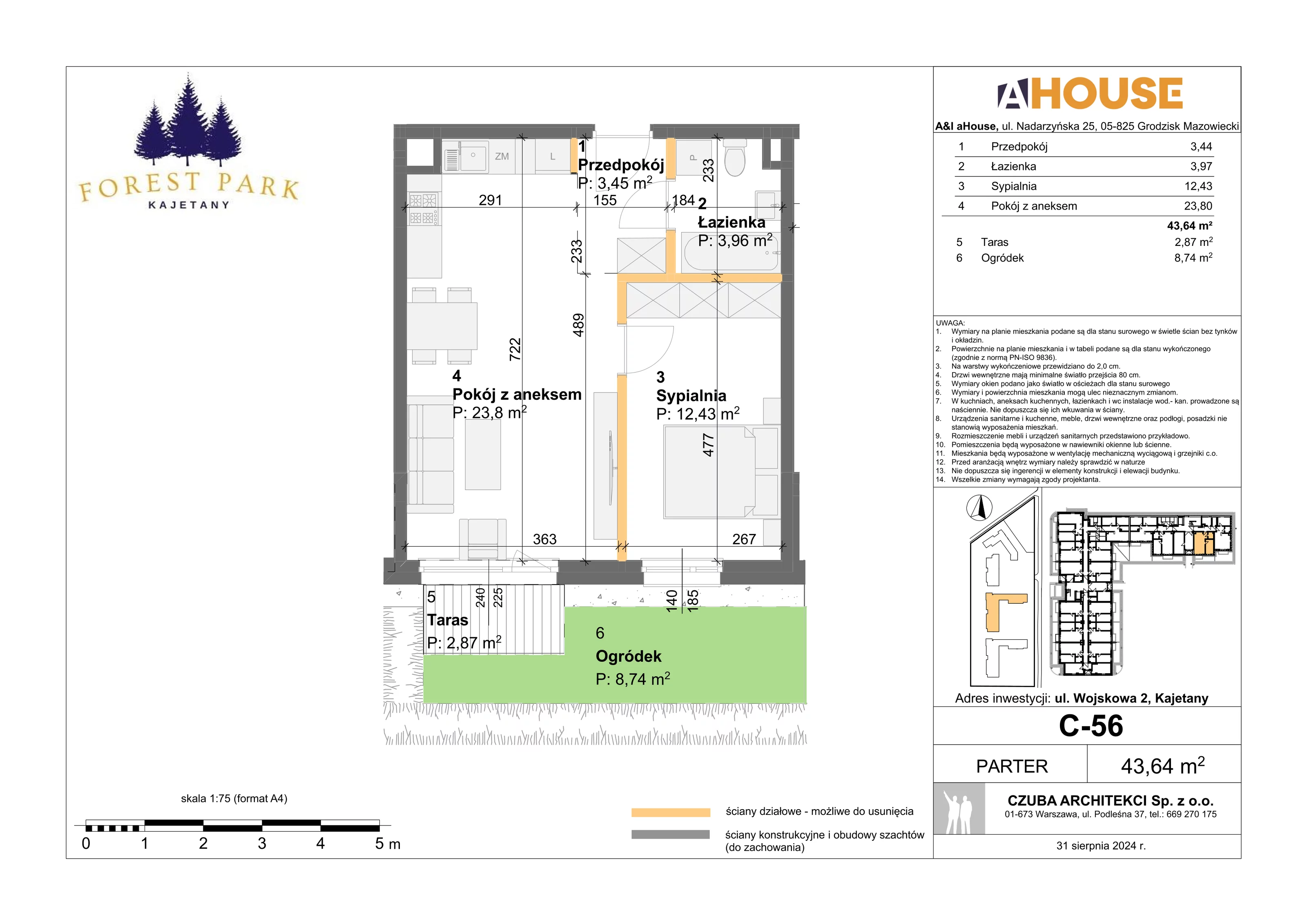 2 pokoje, mieszkanie 43,64 m², parter, oferta nr C-56, Forest Park Kajetany, Kajetany, ul. Wojskowa 2